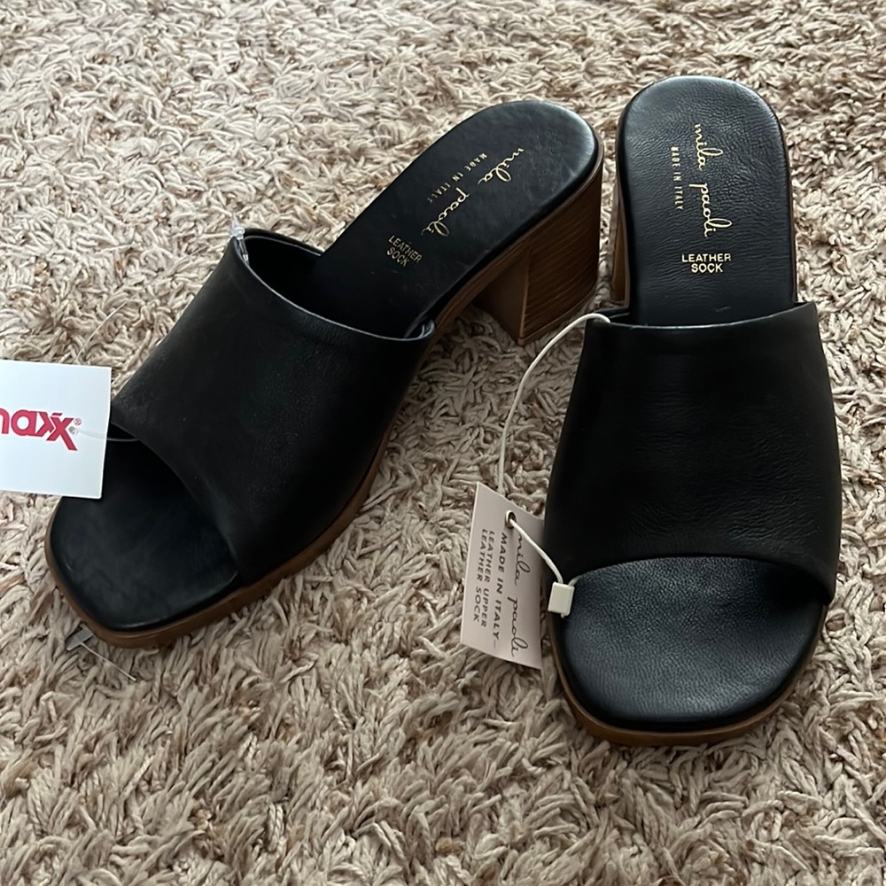Mila Paoli Black Leather Block/Chunky  Heels